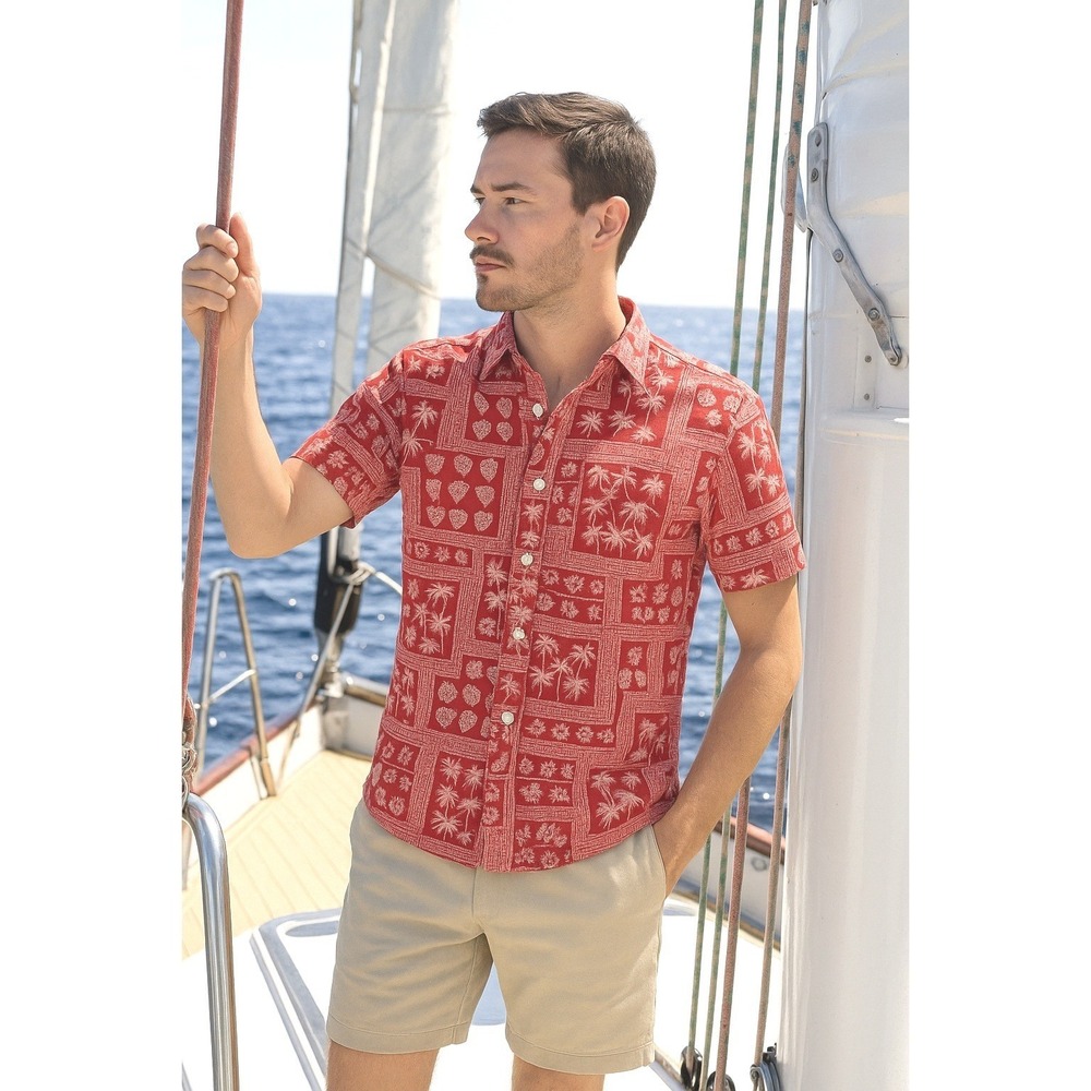 NEW Tori Richards Mens Red Tropical Palm Tree Bandana Print Button Up Shirt sz S